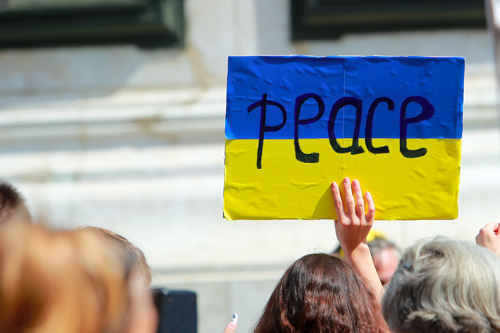 ukraine Sign in colors of Ukrainian flag that says "peace"
