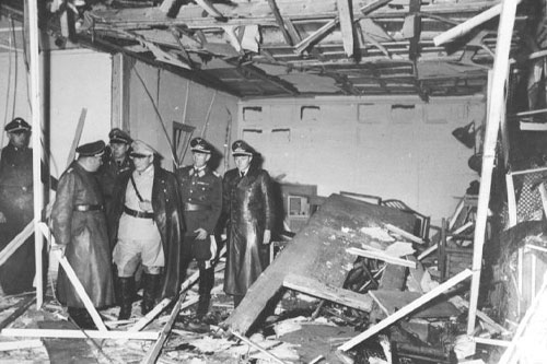 HitlerAssasination Black and white photo of the damaged conference room from 1944 Assasination attempt of Adolf Hitler