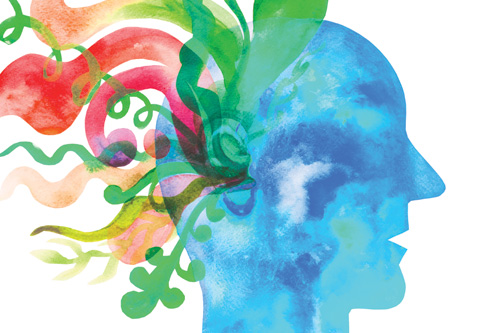 watercolor of a head with colorful lines as hair