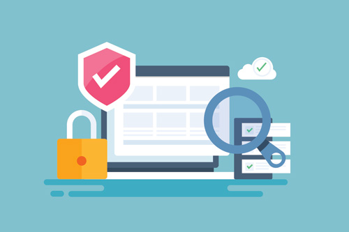 Graphic of an internet browser with warning signs surrounding