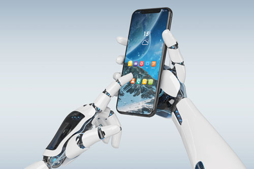 Robotic hands holding an android phone
