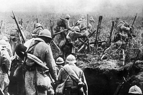 Soldiers going over the top in WW1