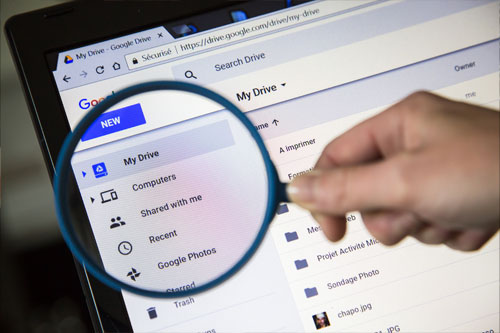 Magnifying glass showing google drive