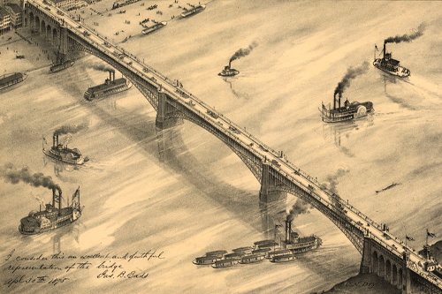 19th century etching of the Eads Bridge